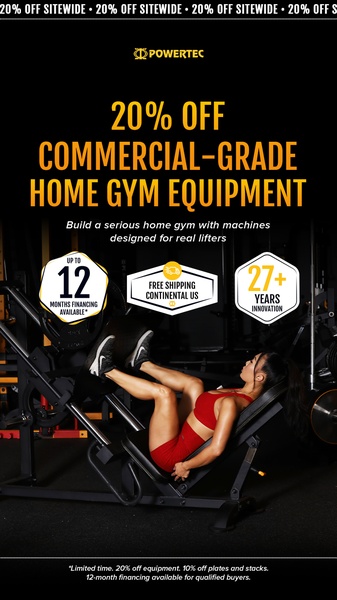 A high-contrast, promotional ad for home gym equipment featuring a woman using a leg press machine with clear benefit badges and discount details.